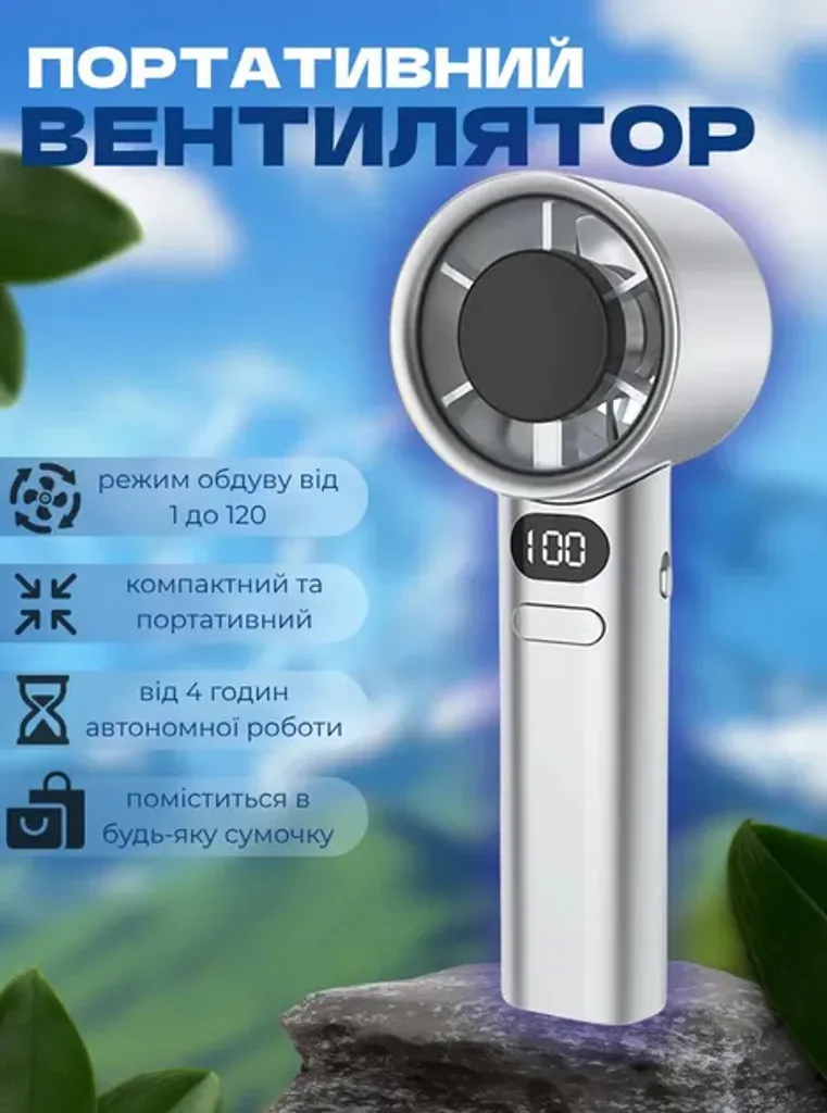 Портативний вентилятор з дисплеєм FANCHUANG ручний вентилятор акумуляторний mini USB дуйчик сріблястий