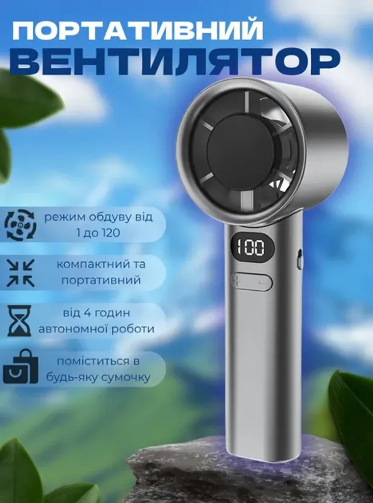 Портативний вентилятор із дисплеєм FANCHUANG ручний вентилятор акумуляторний mini USB дуйчик кишеньковий темно-сірий