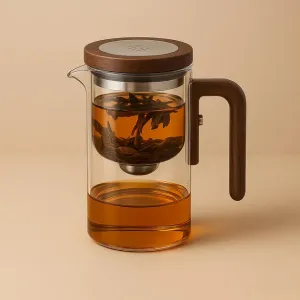Заварник для чаю скляний із фільтром Sinyao Стильний скляний френч прес для чаю з дерев'яною ручкою