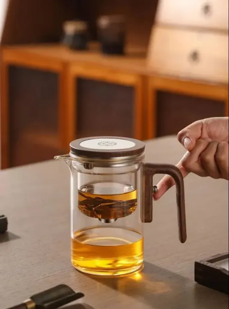 Заварник для чаю скляний із фільтром Sinyao Стильний скляний френч прес для чаю з дерев'яною ручкою