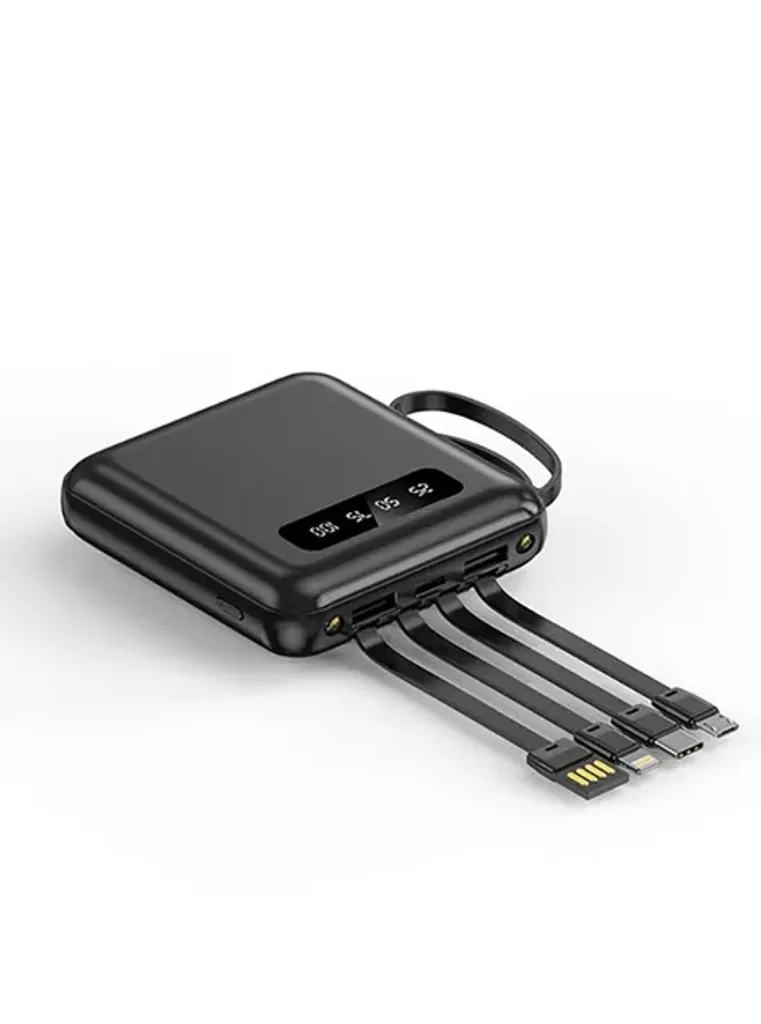 Портативный павербанк 10000 мАч Ki-034 зарядное устройство с 4 встроенными кабелями и LED-дисплеем, быстрая зарядка, Type-C черный